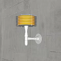 Modern Wall Sconce With White Striped Lampshade Emitting Warm Light On Textured Wall
