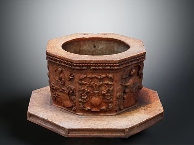 Detailed Ornate Octagonal Stone Container With Carved Decorations And Hexagonal Base 3d model