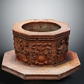 Detailed Ornate Octagonal Stone Container With Carved Decorations And Hexagonal Base