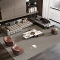 Modern Sectional Sofa And Coffee Table Set With Brown Armchairs Bookshelf And Floor-to-Ceiling Window