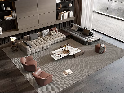 Modern Sectional Sofa And Coffee Table Set With Brown Armchairs Bookshelf And Floor-to-Ceiling Window 3d model