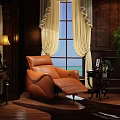 Comfortable Single Seater Leather Sofa in Dark Wooden Room with Cream Curtains and Sea View