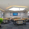 Modern Bright Study Space With Wooden Tables High Stools Bookshelves And Wall Decorations