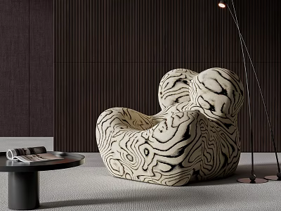 Modern Bean Bag Chair With Unique Patterned Texture Wooden Wall And Floor Lamp 3d model