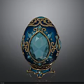 Ornate Turquoise Blue Decorative Egg With Intricate Golden Patterns And Gemstone Base