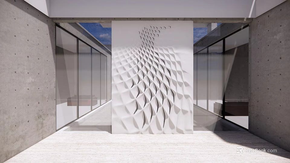 Modern Feature Wall With Geometric Hollow Pattern Design In Contemporary Building Entrance With Glass Panels 3d model 