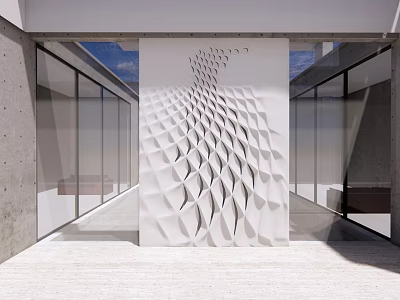 Modern Feature Wall With Geometric Hollow Pattern Design In Contemporary Building Entrance With Glass Panels 3d model