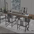 Modern Chinese Style Tea Table And Chairs With Tea Set Decorative Items In Interior Space