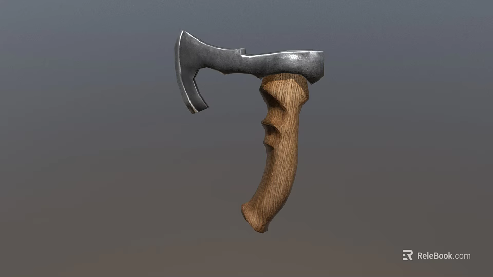 Weapon Axe with Silver Metal Head Curved Blade and Brown Wooden Handle Grip Design 3d model 