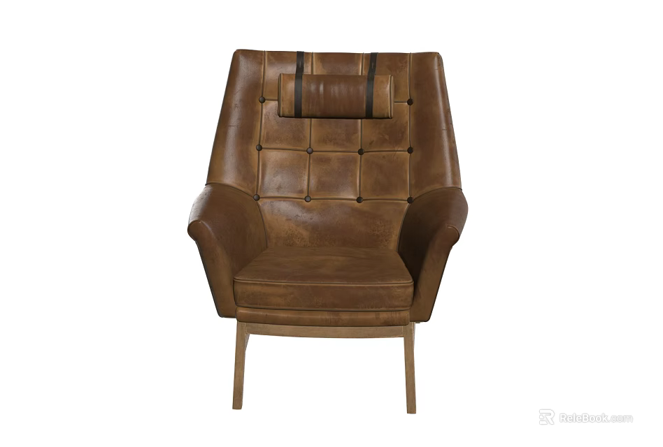 Brown Leather Single Seater Sofa With Tufted Design High Back And Wooden Legs 3d model 
