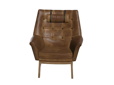 Brown Leather Single Seater Sofa With Tufted Design High Back And Wooden Legs 3d model