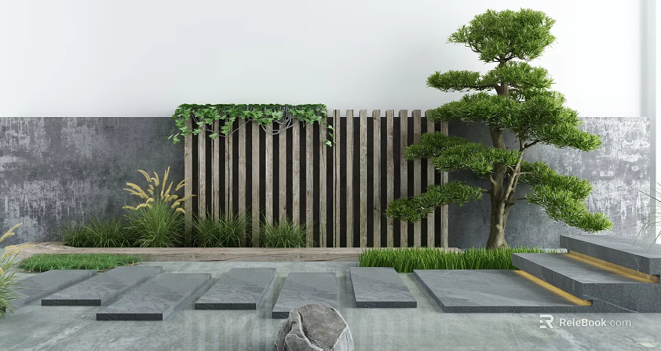 Tranquil Courtyard Garden with Wooden Slat Screen Green Ivy Bonsai Pine Tree and Stone Pathway 3d model 