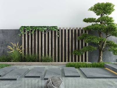 Tranquil Courtyard Garden with Wooden Slat Screen Green Ivy Bonsai Pine Tree and Stone Pathway 3d model