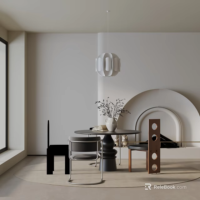 Modern Dining Table Set With Chairs Pendant Light Vase And Arched Wall Design 3d model