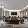Modern Conference Room Interior With Long Wooden Table Black Chairs And Floor to Ceiling Windows