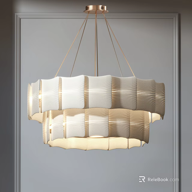 Wavy Layered Textured White And Beige Fabric Chandelier For Modern Interior With Soft Warm Lighting 3d model 