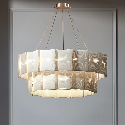 Wavy Layered Textured White And Beige Fabric Chandelier For Modern Interior With Soft Warm Lighting 3d model