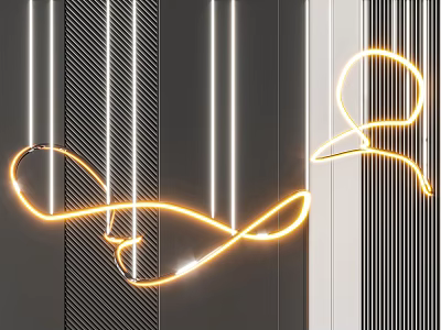 Glowing Curved Line Chandelier Design With Vertical Striped Dark And Light Background Panels 3d model