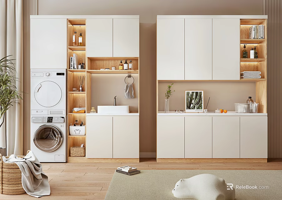 Modern Bathroom Cabinetry With Storage Shelves Plant Decor And Washbasin Area 3d model 