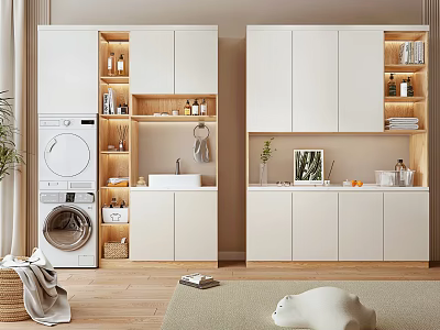 Modern Bathroom Cabinetry With Storage Shelves Plant Decor And Washbasin Area 3d model