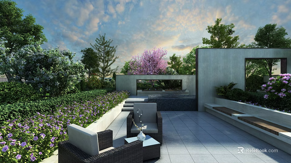 Tranquil Garden Landscape With Outdoor Seating Lush Plants Colorful Flowers And Paved Flooring 3d model 