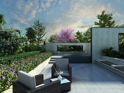 Tranquil Garden Landscape With Outdoor Seating Lush Plants Colorful Flowers And Paved Flooring 3d model