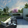 Tranquil Garden Landscape With Outdoor Seating Lush Plants Colorful Flowers And Paved Flooring