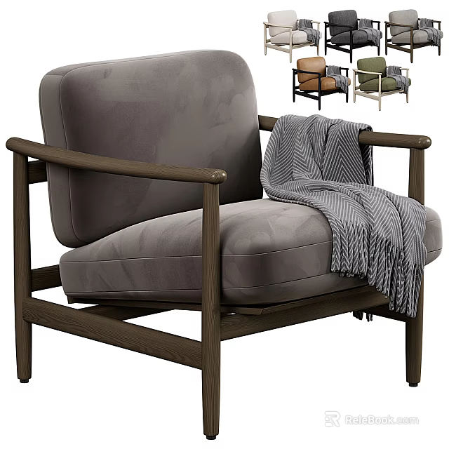 Gray Velvet Armchair With Wooden Arms And Striped Throw Blanket In Multiple Colors 3d model 