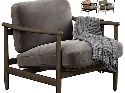 Gray Velvet Armchair With Wooden Arms And Striped Throw Blanket In Multiple Colors 3d model