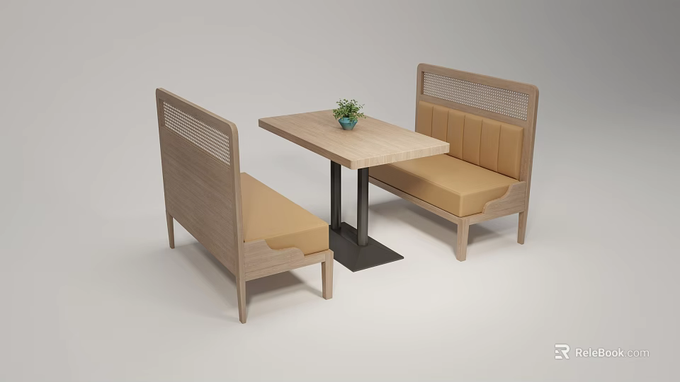 Booth Sofas With Wooden Frame Beige Cushions Square Table And Potted Plant 3d model
