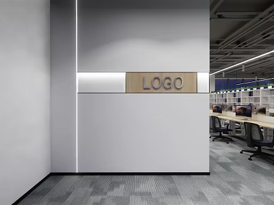 Modern Public Office Space Design With Wall Logo Desks Chairs And Bright Lighting 3d model