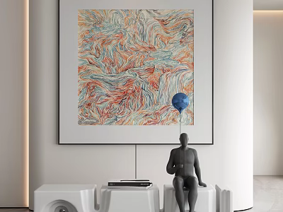 Modern Interior With Colorful Abstract Painting Blue Balloon And Black Mannequin On White Furniture 3d model
