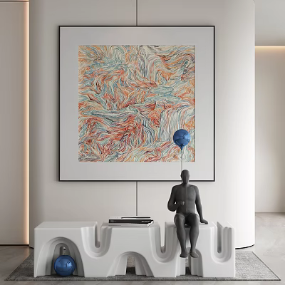 Modern Interior With Colorful Abstract Painting Blue Balloon And Black Mannequin On White Furniture 3d model