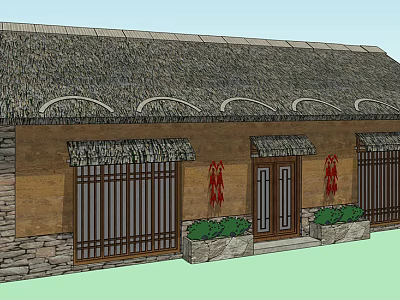 Traditional Homestay Building Featuring Thatch Roof Stone Walls Red Decorations And Green Plants 3d model
