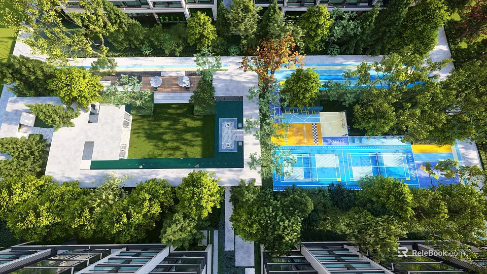 Outdoor Children's Play Area With Colorful Ground Green Trees And Surrounding Buildings 3d model 