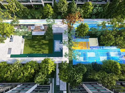 Outdoor Children's Play Area With Colorful Ground Green Trees And Surrounding Buildings 3d model