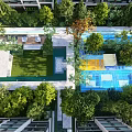 Outdoor Children's Play Area With Colorful Ground Green Trees And Surrounding Buildings