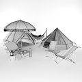 Outdoor Camping Setup With Tents Hammock Umbrella Chairs And Wooden Buckets