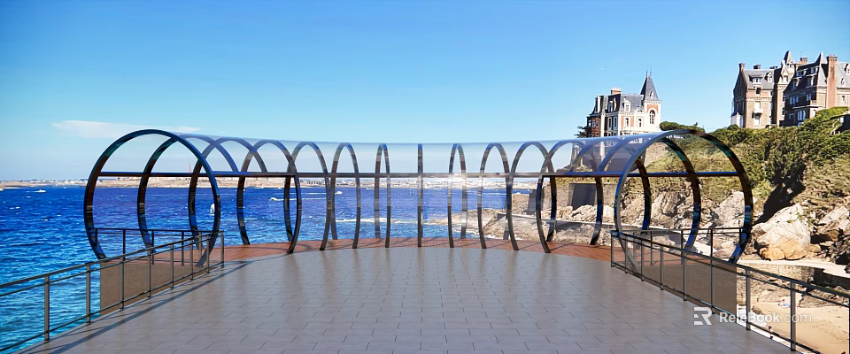 Seaside Viewing Platform With Transparent Curved Railings Blue Sea And Distant Building 3d model 
