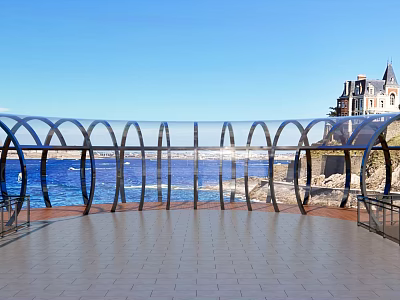 Seaside Viewing Platform With Transparent Curved Railings Blue Sea And Distant Building 3d model