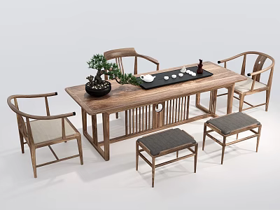 Chinese Style Wooden Tea Table And Chairs With Potted Plant Tea Tray And Cups 3d model