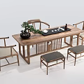 Chinese Style Wooden Tea Table And Chairs With Potted Plant Tea Tray And Cups