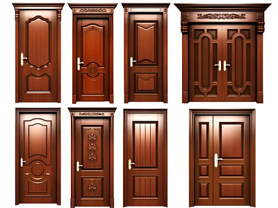 Elegant Wooden Swing Doors Featuring Various Carved Panel Designs For Interior Use 3d model