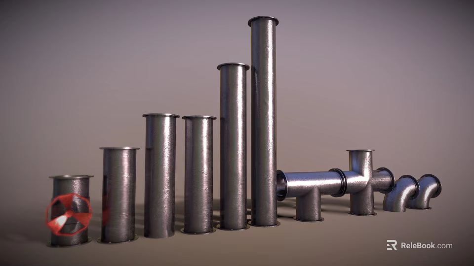 Display Of Industrial Metal Pipes With Varied Heights And Connections 3d model 