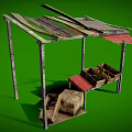 Rustic Wooden Stall Structure With Worn Planks Roof And Wooden Crates