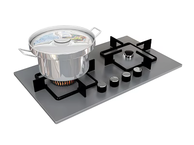 Modern Kitchen Gas Stove With Stainless Steel Pot And Control Knobs 3d model