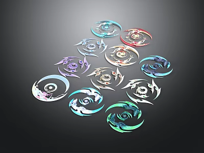 Colorful Boomerang Weapons with Spiral Design in Various Colors on Black Background 3d model