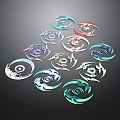 Colorful Boomerang Weapons with Spiral Design in Various Colors on Black Background