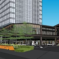 Modern Commercial Street With High Rise Buildings Low Rise Structures And Green Spaces