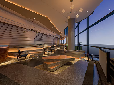 Modern Restaurant Interior With Large Windows Comfortable Seating Wooden Walls And Pendant Lights 3d model